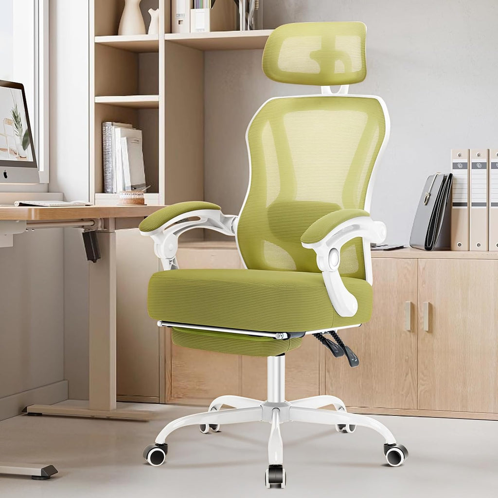 Ergonomic Office Chair with Footrest,Ultra Thick Reclining Office Desk Chair with Adjustable 2D Lumbar Support and Headrest,Spring Cushion,High Back Premium Mesh Computer Chair Office Chairs,Green