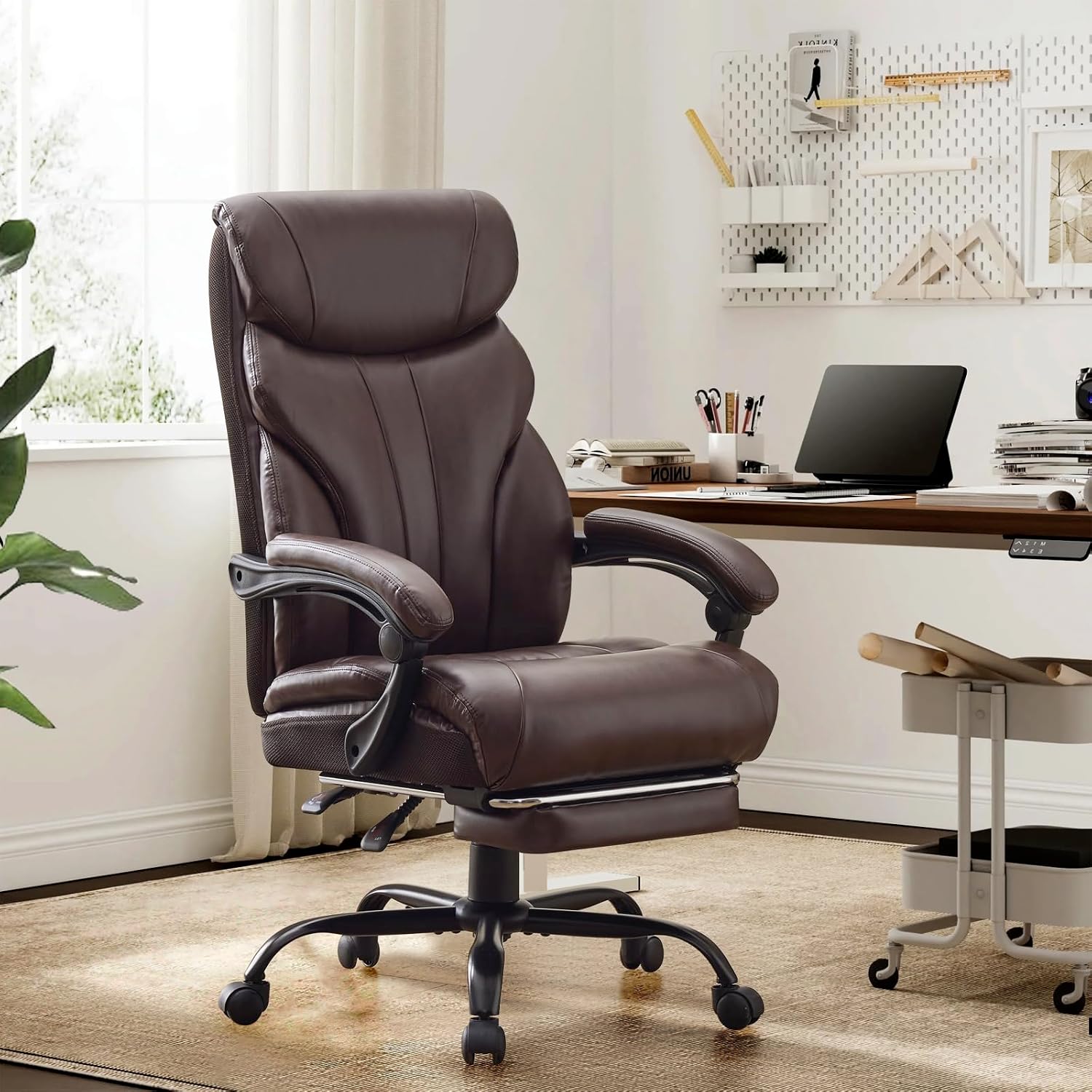 Big and Tall Office Chairs with Foot Rest,500LBS Wide Ergonomic Gaming Chair,100-135°Recline Executive Leather Computer Chairs with Adjustable Height,Coffee