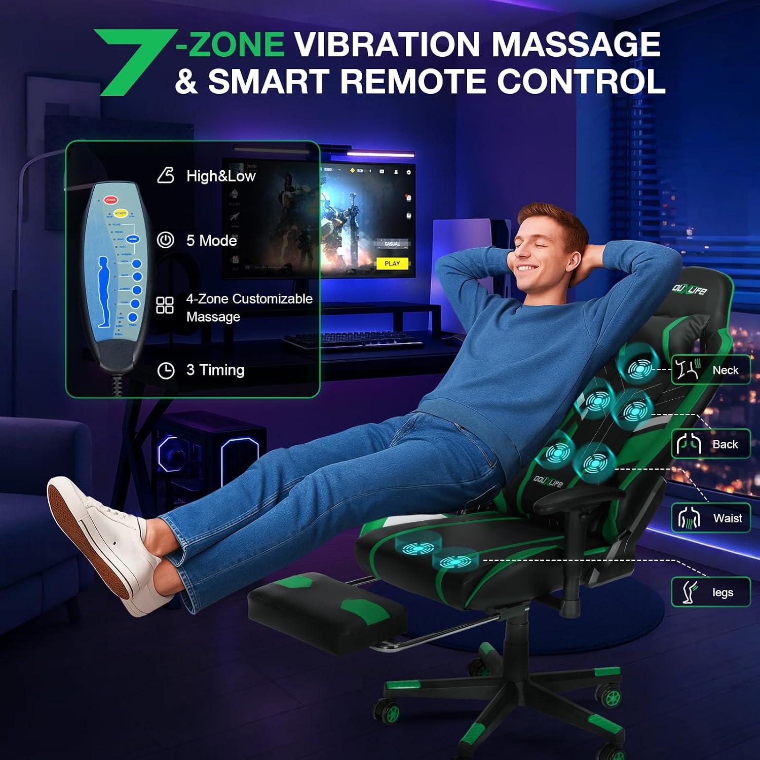 Douxlife 7-Point Massage Gaming Chair with Footrest, 400lbs Heavy Duty Ergonomic Computer Chair, 175° Reclining High Back Racing Seat for Adults with Adjustable Armrests & Lumbar Support, Green