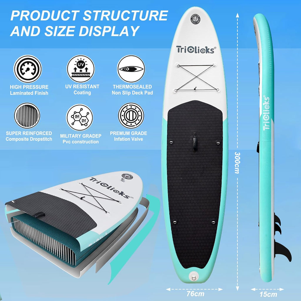 Triclicks Inflatable Stand Up Paddle Board 10ft Surfing Board Kit for Adults, Premium SUP Complete Kit with Adjustable Paddle Hand Pump Fin Leash Backpack