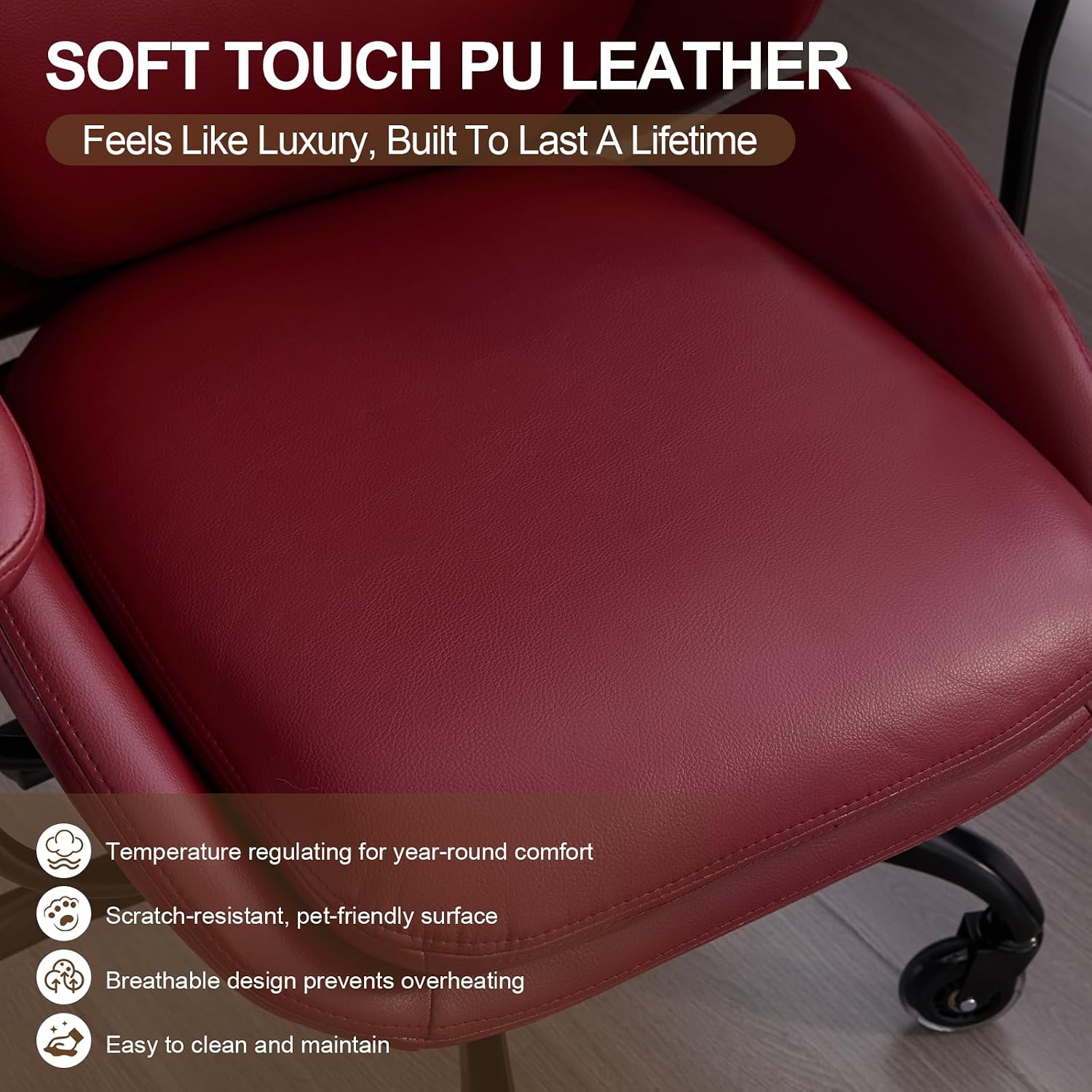 E-Motie Office Chair, Leather Desk Chair with Rubber Wheels, Ergonomic Computer Chair 500 LBS with Lumbar Support, High Back Executive Chair for Modern Home Office, Red