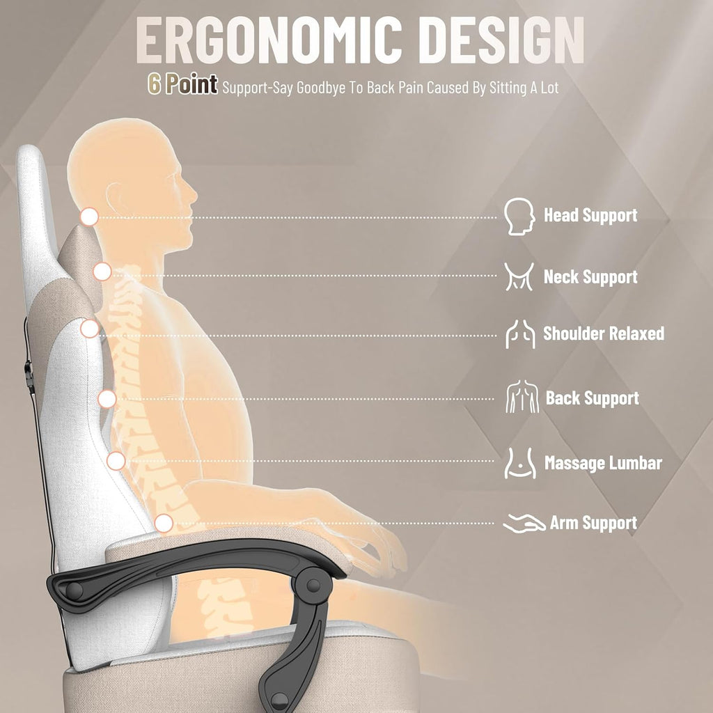 Ferghana Cotton Fabric Gaming Chair with Wider Seat Cushion, Shield-Shaped Embroidery Ergonomic High Back Game Chair with Footrest, Computer Chair with Massage Lumbar Support for Adult, Beige