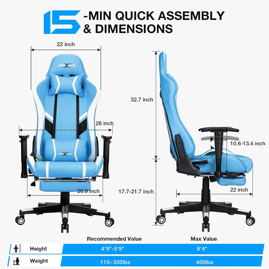 Douxlife 7-Point Massage Gaming Chair with Footrest, 400lbs Heavy Duty Ergonomic Computer Chair, 175° Reclining High Back Racing Seat for Adults with Adjustable Armrests & Lumbar Support, Bule White