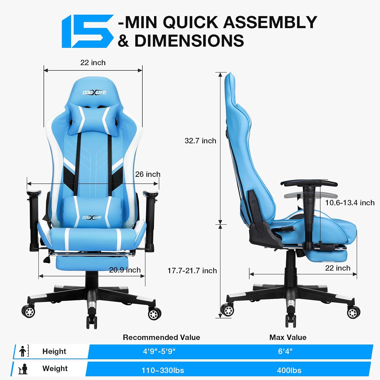 Douxlife 7-Point Massage Gaming Chair with Footrest, 400lbs Heavy Duty Ergonomic Computer Chair, 175° Reclining High Back Racing Seat for Adults with Adjustable Armrests & Lumbar Support, Bule White