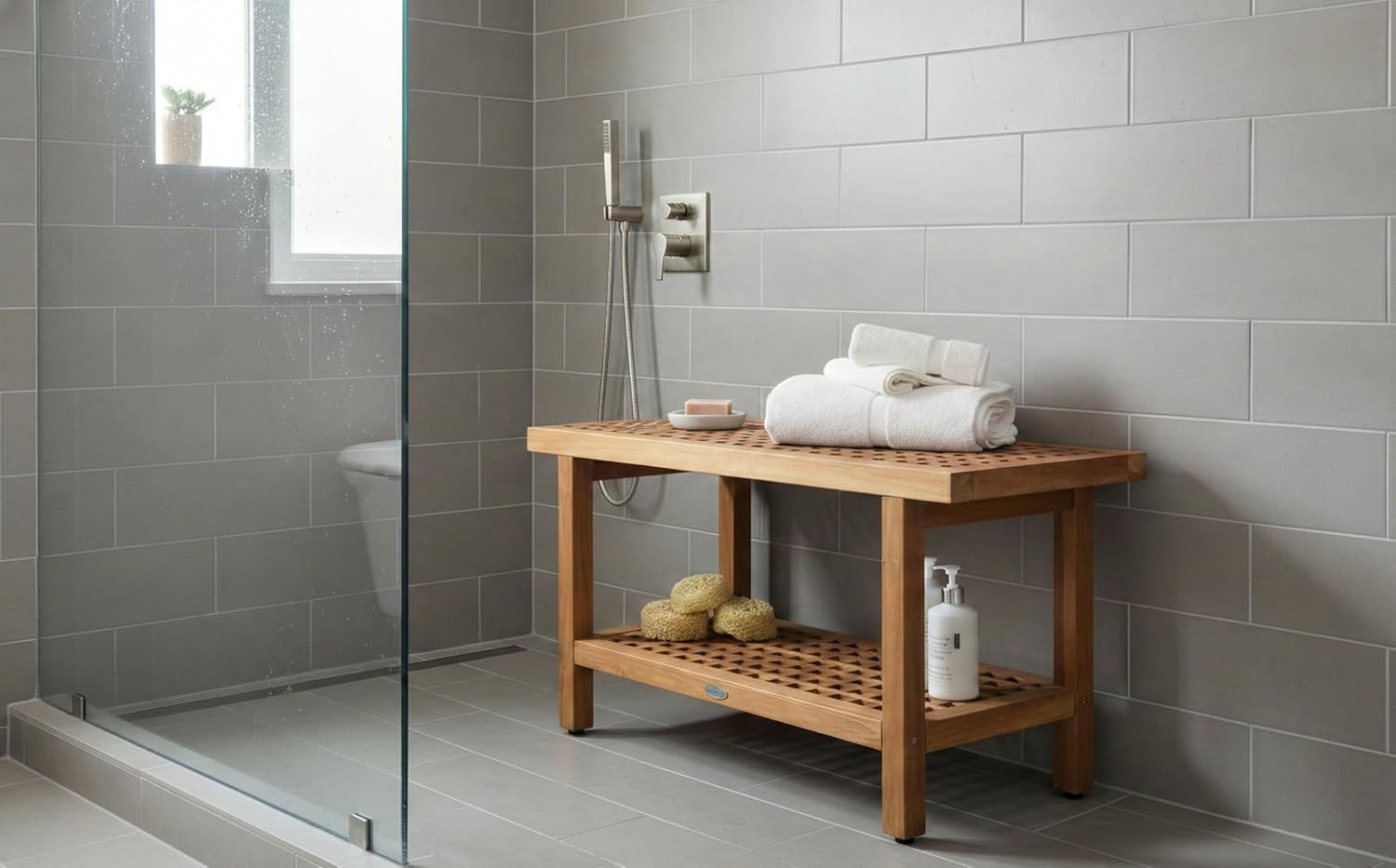 AquaTeak The Original 36' Grate Teak Shower Bench with Shelf - A. Bench