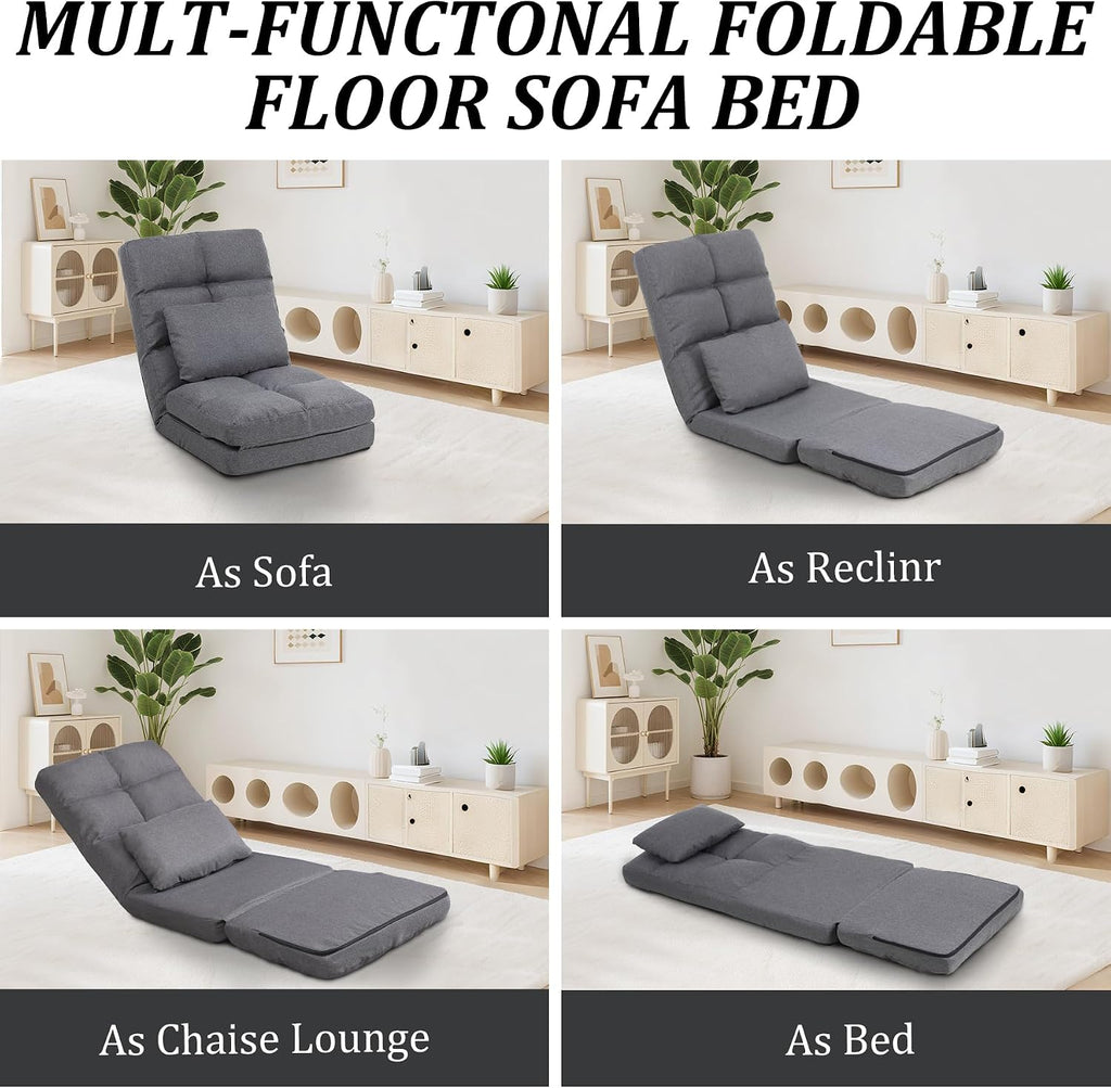 Chaise Lounge Indoor, 14-Position Floor Chair with Padded Pillow for Adults Kids, Folding Lazy Sofa Chair for Living Room, Bedroom, for Gaming Reading (Grey)