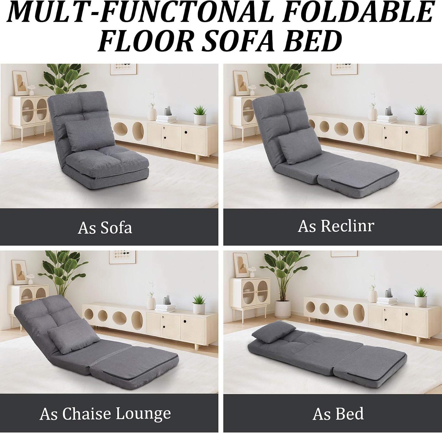 Chaise Lounge Indoor, 14-Position Floor Chair with Padded Pillow for Adults Kids, Folding Lazy Sofa Chair for Living Room, Bedroom, for Gaming Reading (Grey)