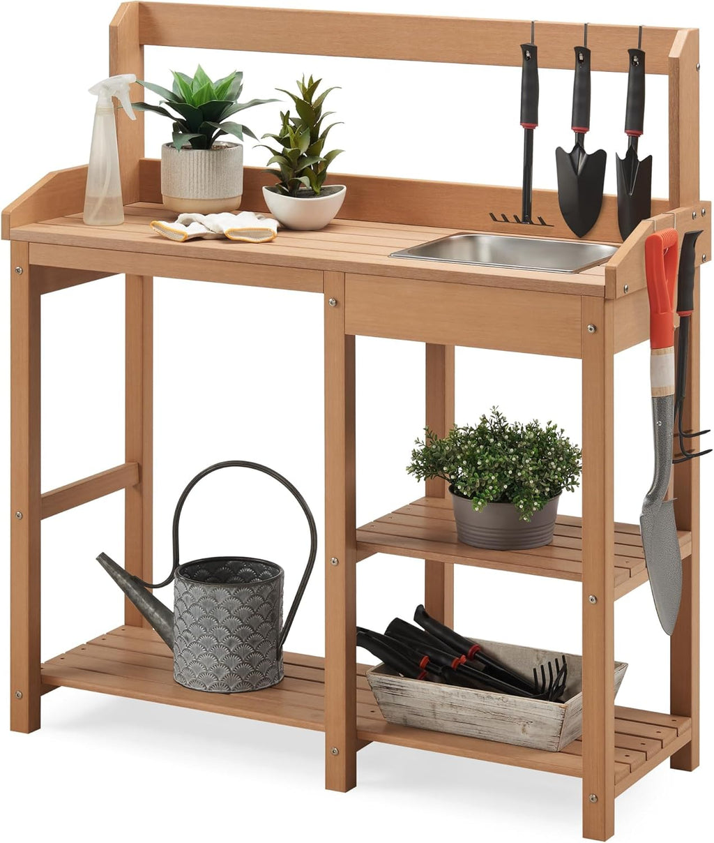 Psilvam Outdoor Potting Bench with Sink, Rot-Resistant HDPS Potting Table for Outside Garden, All-Weather Use, (Teak)