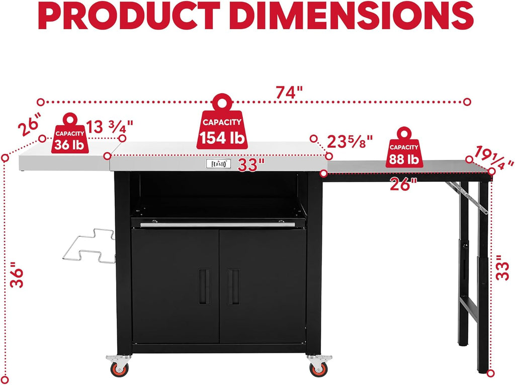 Outdoor Kitchen Island with Cabinet, Outdoor Grill Table with Stainless Steel Top for Pizza Oven& Griddles, Movable Bar Cart with Pull-Out Plate for Parties& Gathering, Heavy-Duty, L74'x W24'