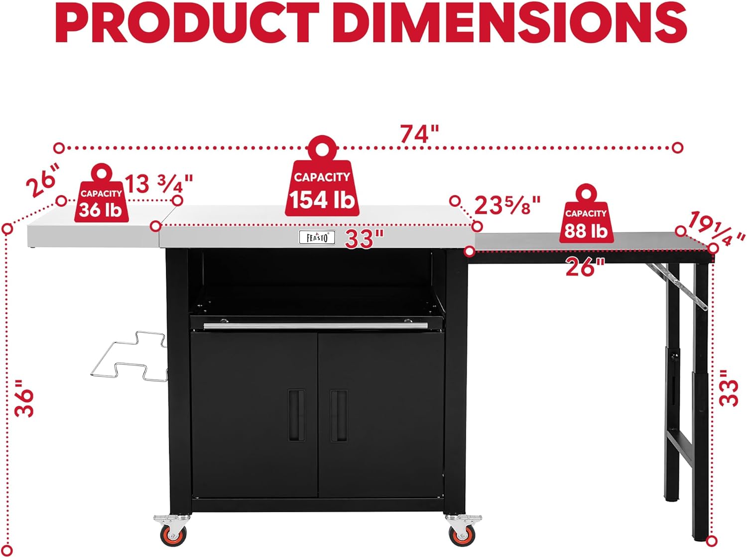 Outdoor Kitchen Island with Cabinet, Outdoor Grill Table with Stainless Steel Top for Pizza Oven& Griddles, Movable Bar Cart with Pull-Out Plate for Parties& Gathering, Heavy-Duty, L74'x W24'