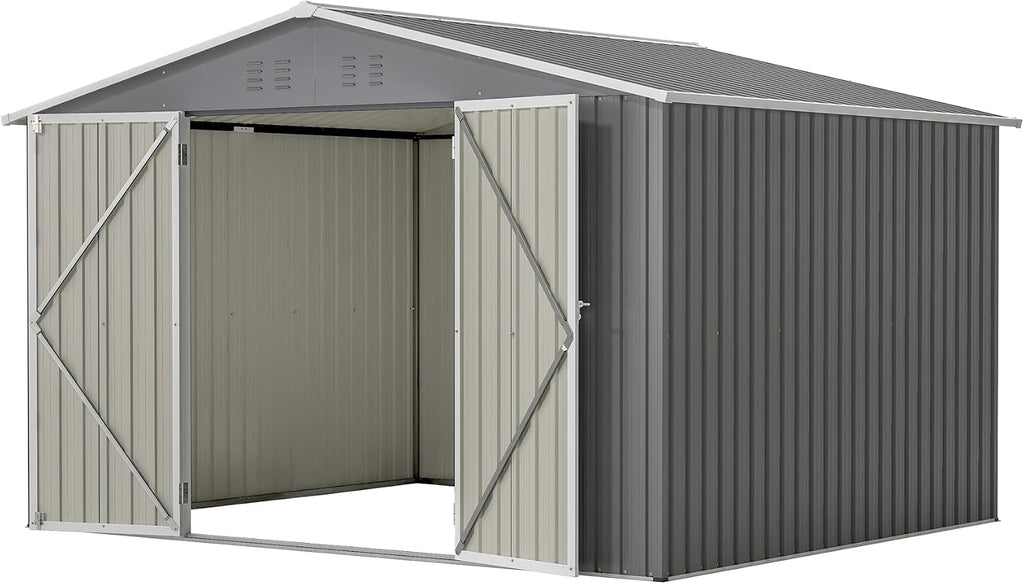 10x8 ft Outdoor Storage shed All Weather Metal Garden shed with Lockable Double Doors Tool Storage for Backyard Patio Lawn and Garden Organization Large Capacity (10x8 ft Grey)