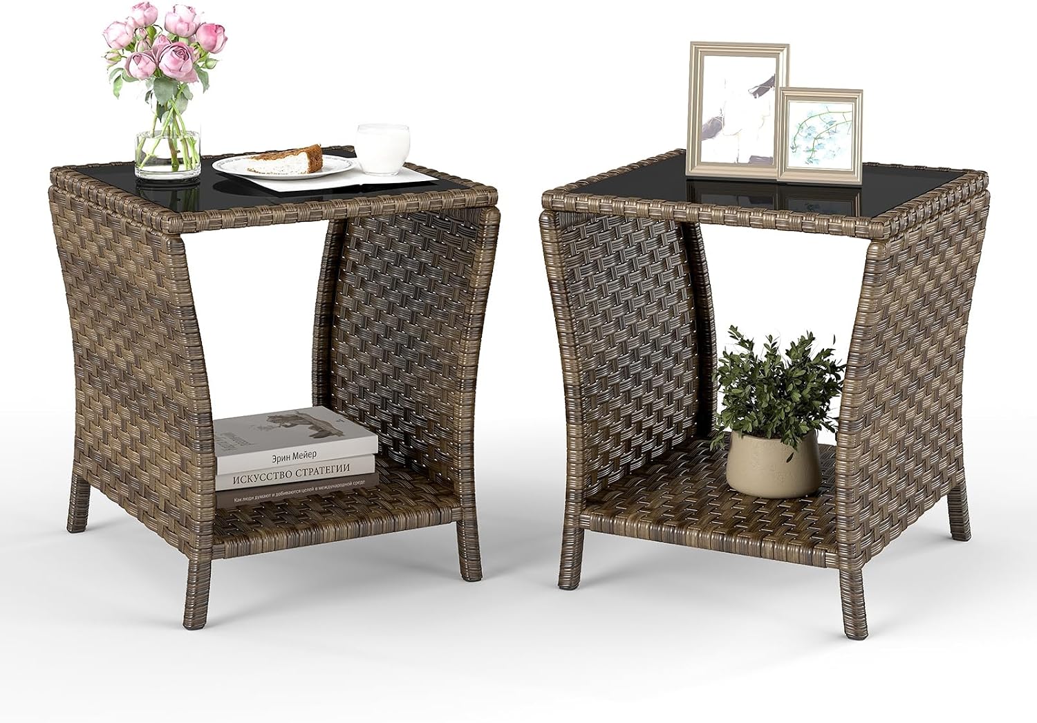 Outdoor Wicker Side Table, Set of 2 Rattan Side Tables End Table for Patio with Glass Top Rattan Storage for Patio Garden Balcony