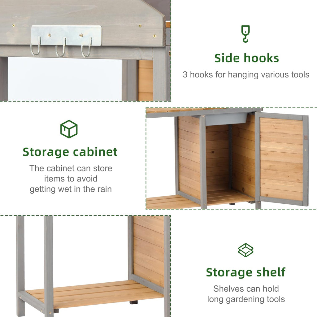 Wooden Potting Bench Table with Sink,Outdoor Garden Table Work Bench with Storage, Workstation for Outside Patio Lawn