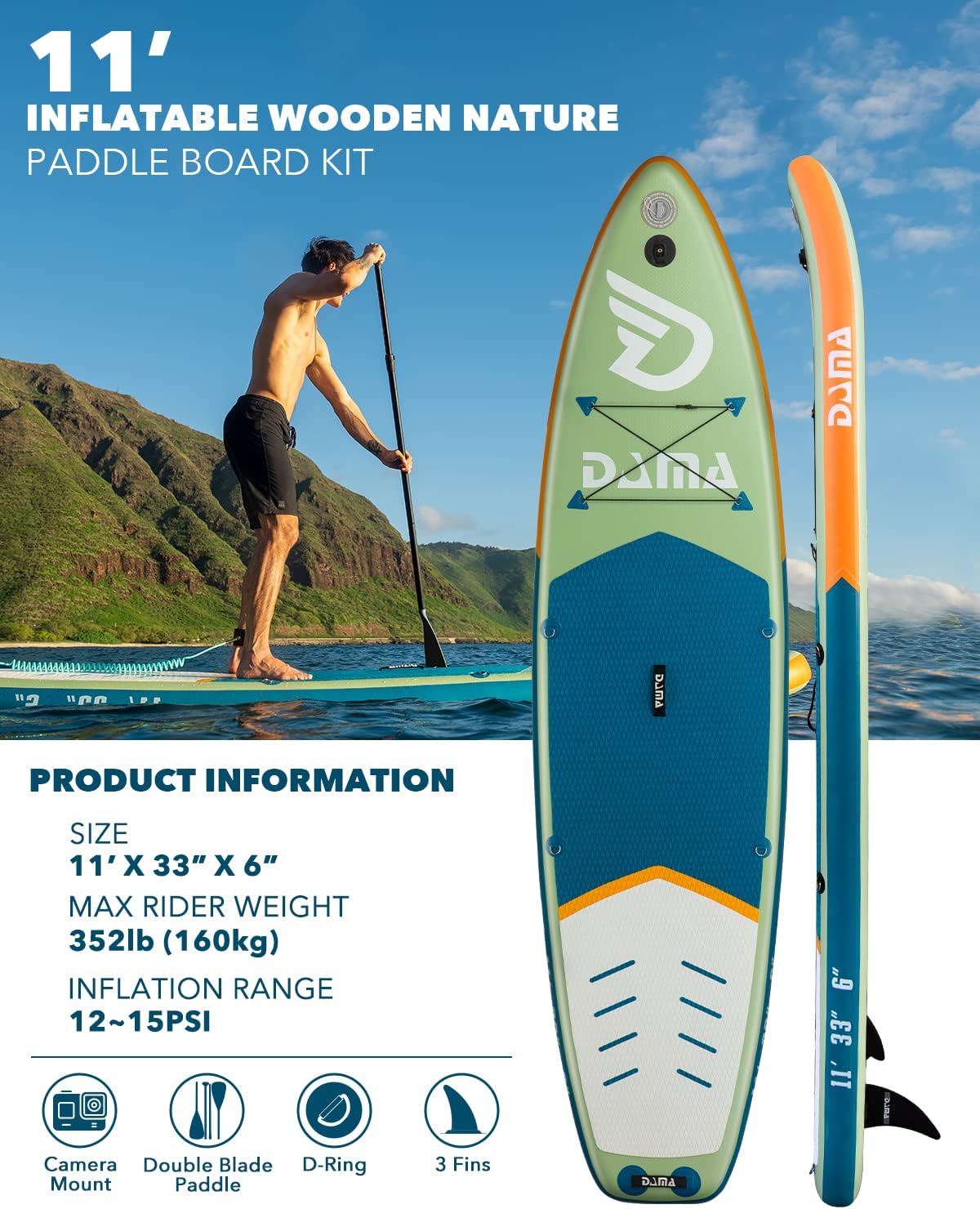 DAMA Inflatable Stand Up Paddle Boards for Adults w/Sup Board Accessories Hand Pump 4pcs Kayak Floating Paddle | Wide Stance, Bottom Fin Paddling Surf Control