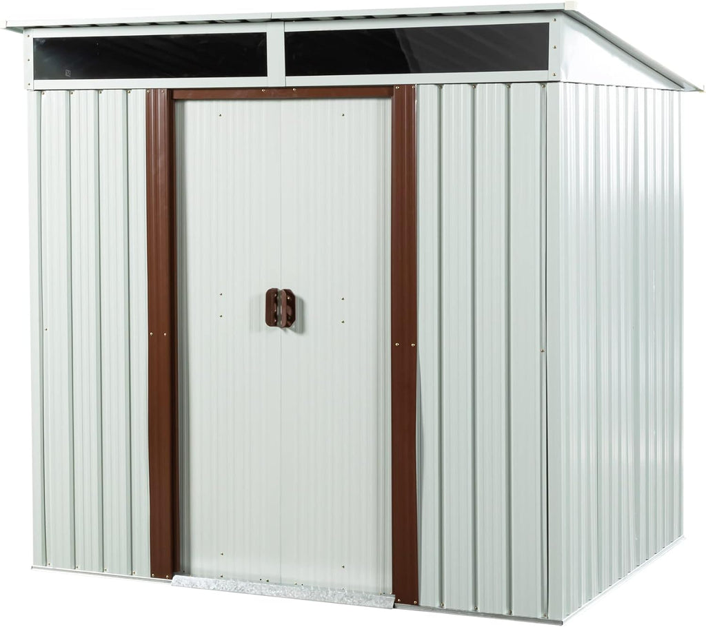 JT 6X4.5FT Outdoor Storage Shed with Metal Foundation and Sliding Doors, Waterproof Tool Storage Shed for Patio Lawn Backyard (White-6ft x 4.5ft)
