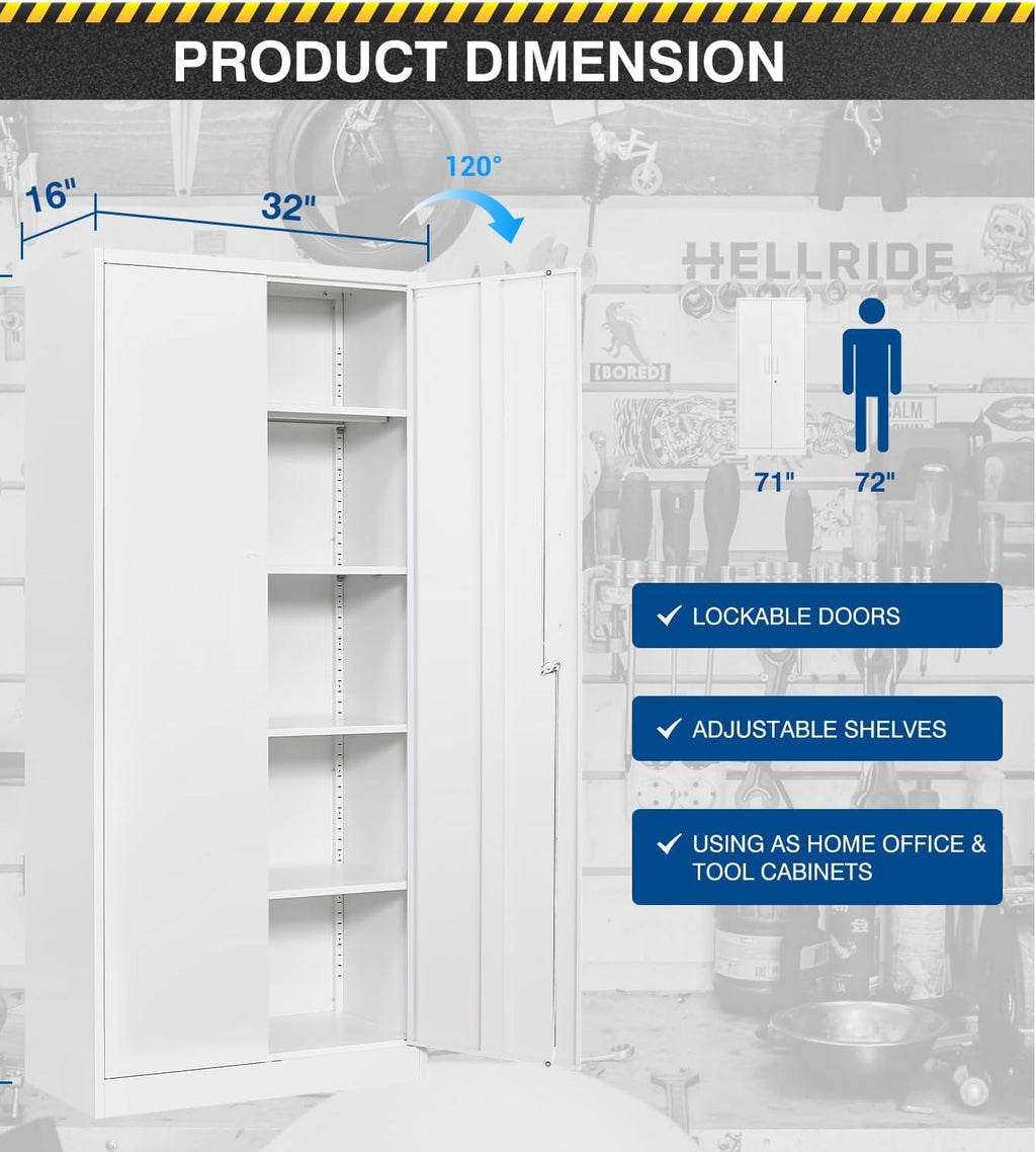 Fesbos Metal Storage Cabinet-71' Tall Steel File Cabinets with Lockable Doors and Adjustable Shelves-White Steel Storage Cabinet for Home,Kitchen, School, Office, Garage