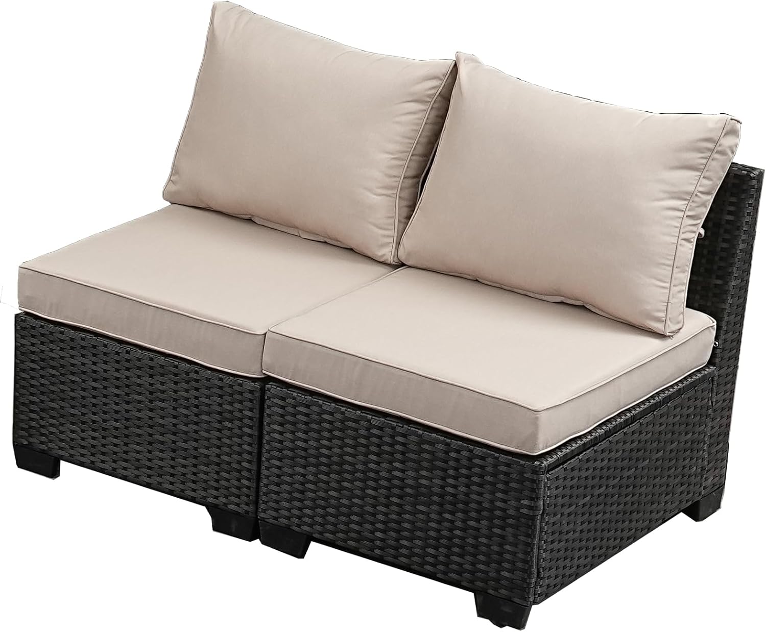 Outdoor Wicker Armless Sofa 2 Pack, Patio Rattan Sectional Sofa Set with Thick Seat Cushions and 2 Back Cushions for Garden, Backyard, Poolside Beige