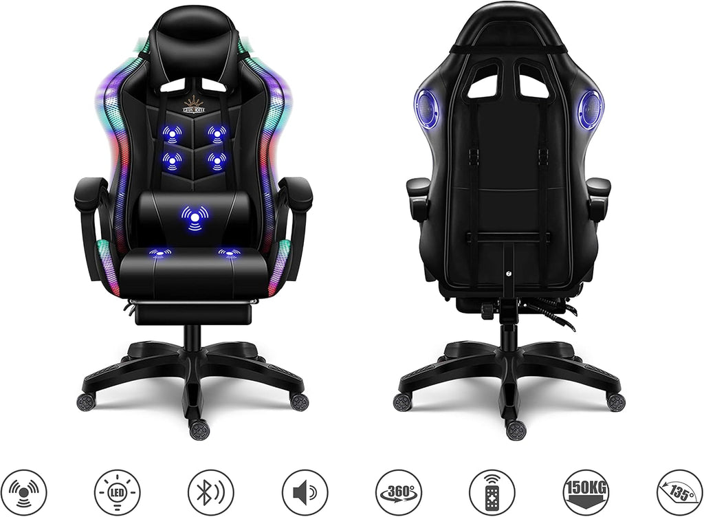 Gaming Chair with LED Lights and Speakers, Music Video Chair for Adults with Massage and Footrest, Ergonomic Chair with Headrest and Lumbar Support, Maximum Load 150KG. (All Black)
