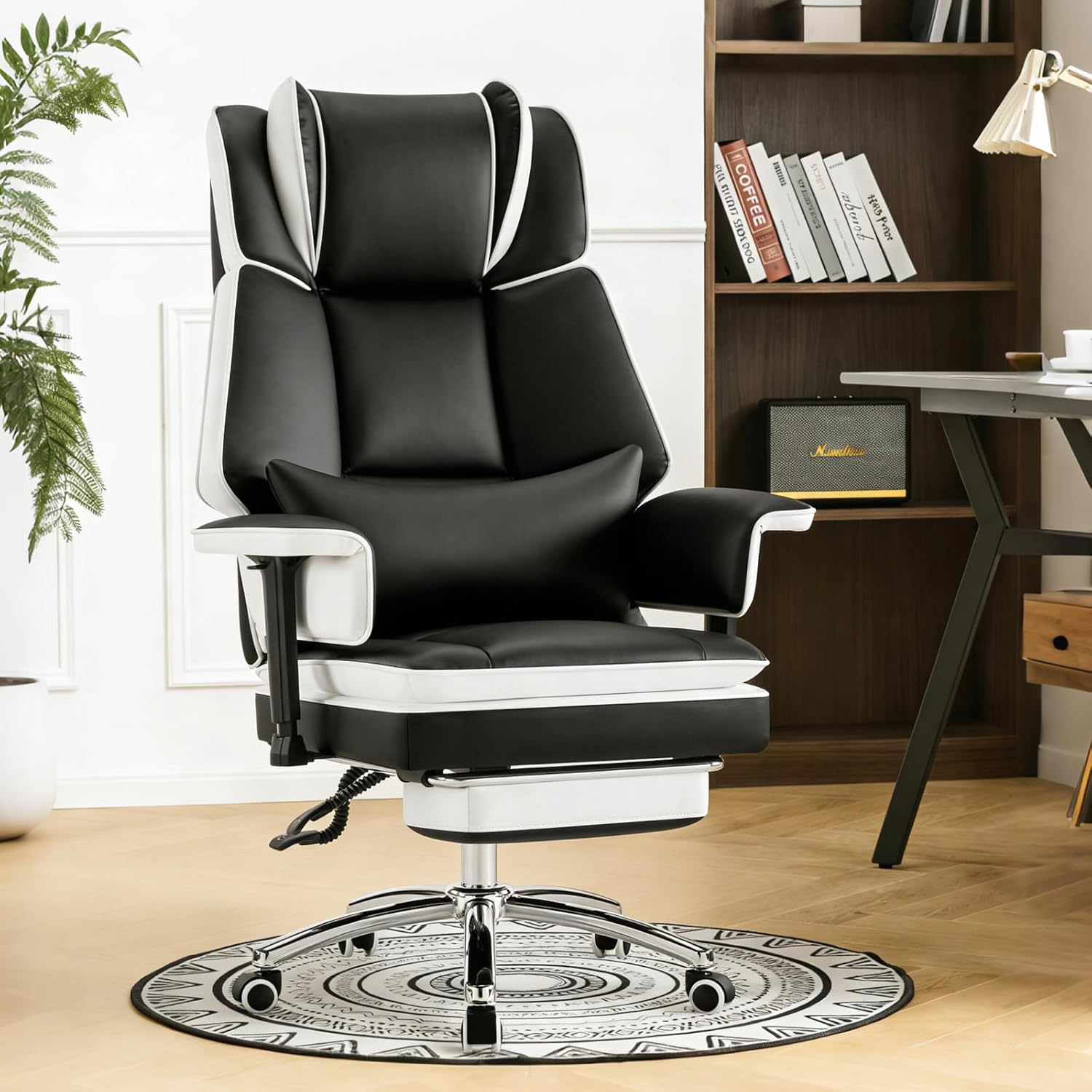 Heavy Duty Office Chair with Footrest High Back, PU Leather Office Chair with with Adjustable Lumbar Support, Reclining Computer Desk Chair with Adjustable Height, Adjustable Armrests, Black White
