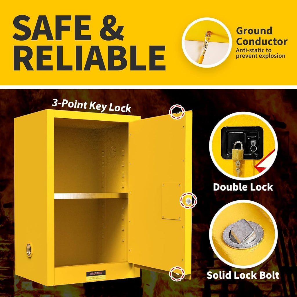 Flammable Cabinet, 18 Gallon Hazardous Storage Cabinets, Galvanized Steel Safety Storage Cabinet, Adjustable Shelf Fireproof Cabinet, for Commercial Industrial and Home Use, Yellow, 35H x 18W x 18.2D