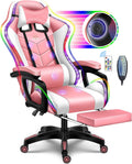 Massage Gaming Chairs for Heavy People Adults, Gaming Chair with RGB LED Lights and Dual Speakers,Ergonomic Reclining Office Desk Computer Chair with Footrest and Lumbar Support,Pink
