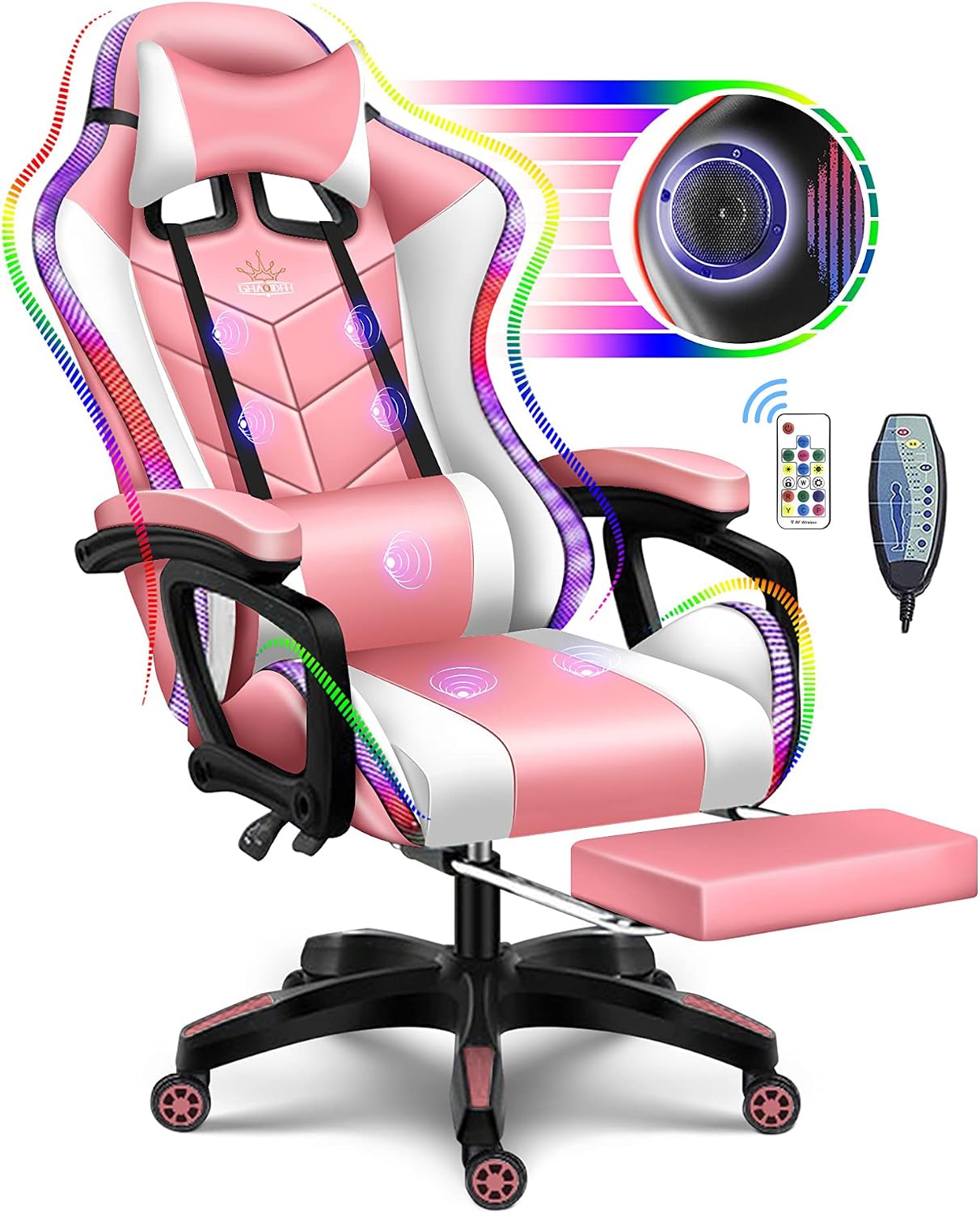 Gaming Chair with Speakers, Bluetooth Gaming Chair with RGB LED Lights and Footrest, Height Adjustable Massage Computer Chair Lumbar Support for Adults,Pink