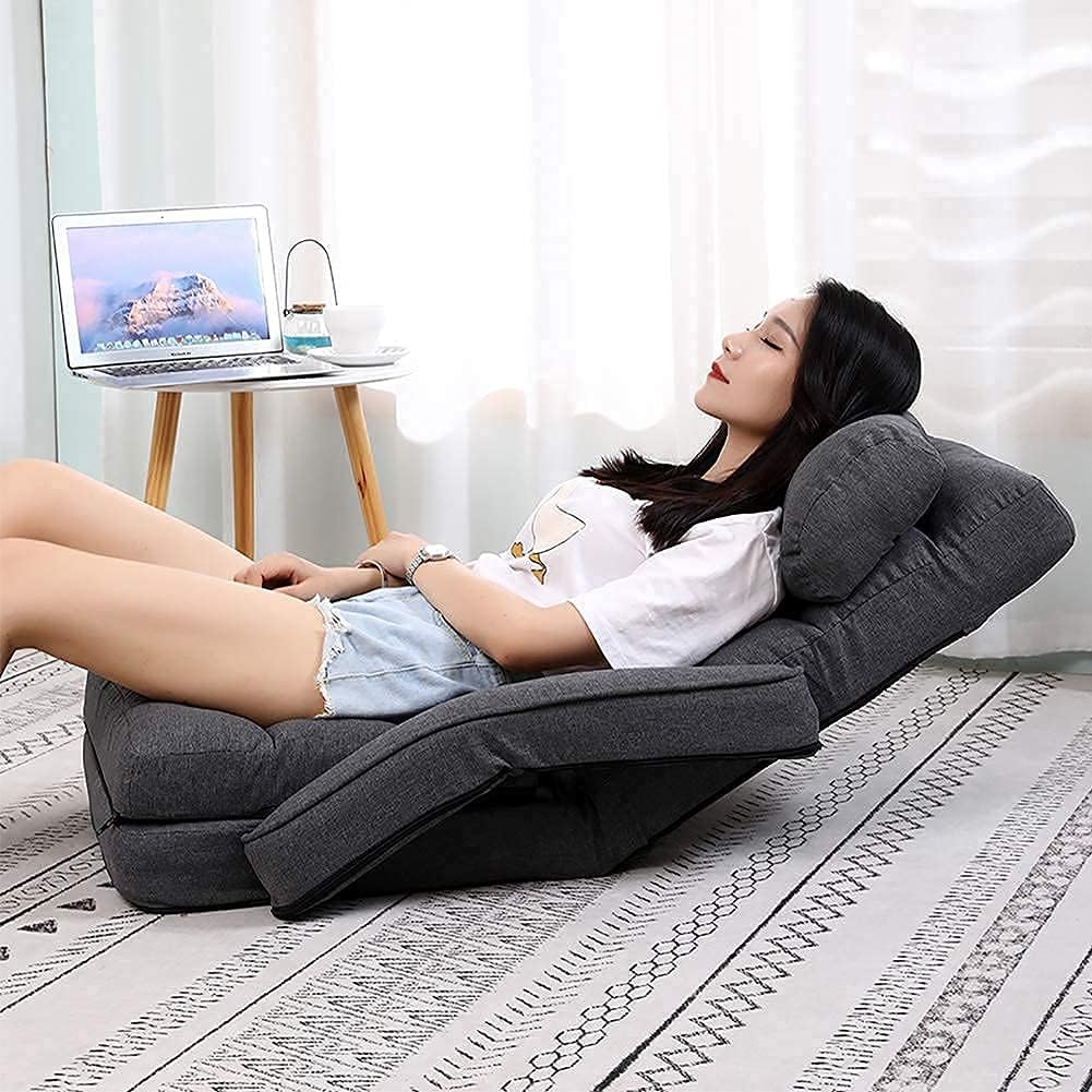 Indoor Floor Gaming Chairs for Adults with Back Support,Chaise Lounge, 14-Position Folding Lazy Sofa with Pillow for Living Room, Bedroom, Balcony(Grey) 8803GR