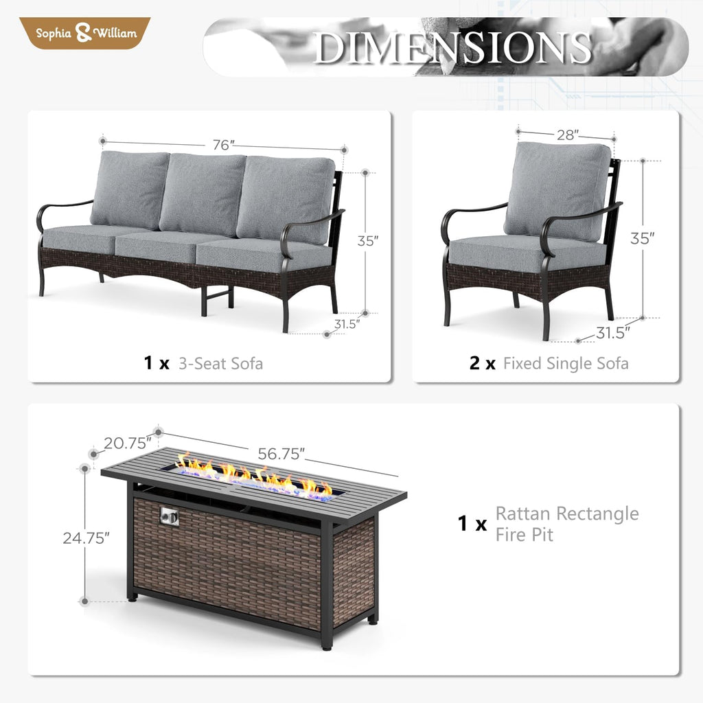 Sophia & William Patio Furniture Set with Fire Pit Table, 4 PCS Metal Outdoor Conversation Set with Fire Pit Table, 2 Sofa Chairs,3-Seater Couch for Outdoor Seating, Backyard, Porch(Grey)