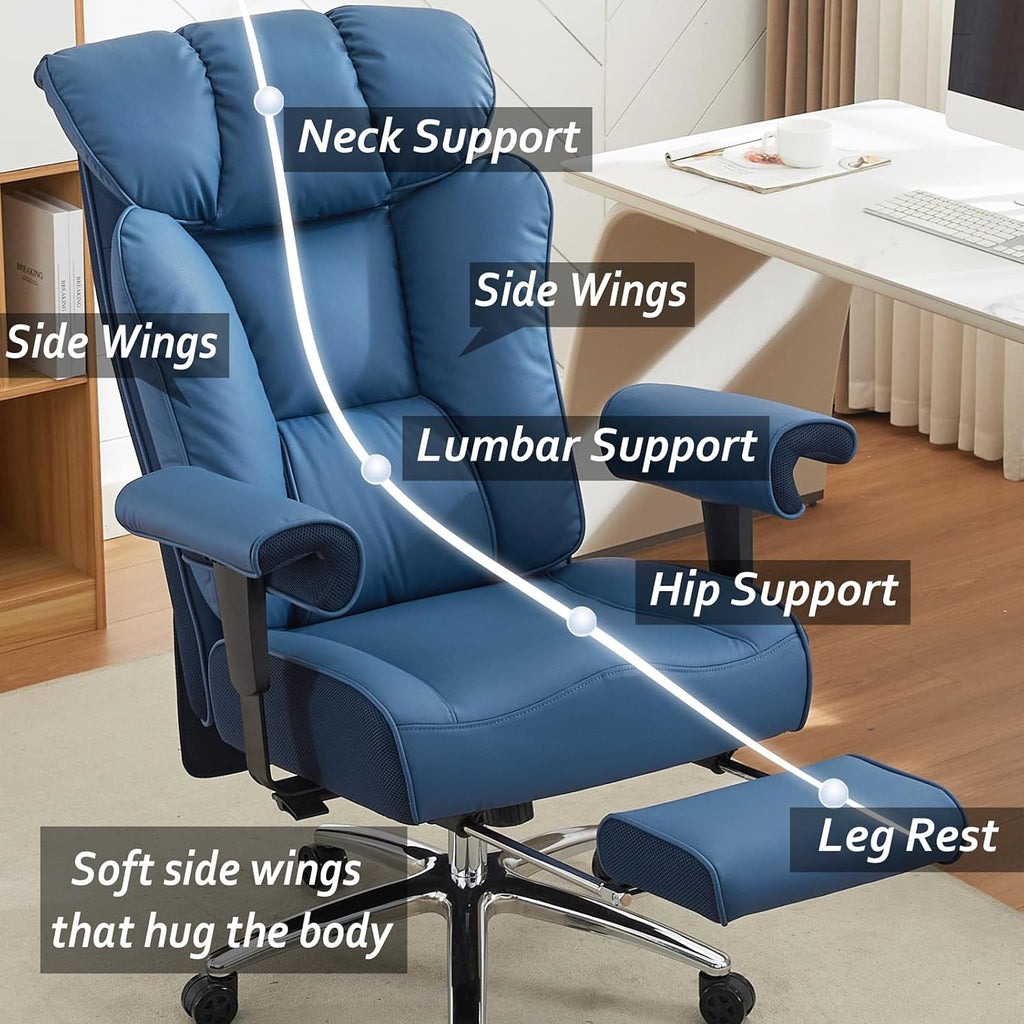 Efomao Big and Tall Office Chair 400lbs - Heavy Duty Executive Desk Chair with Foot Rest & 23' Wide Seat - High Back Ergonomic Leather Computer Chair for Heavy People, Home Office, Blue