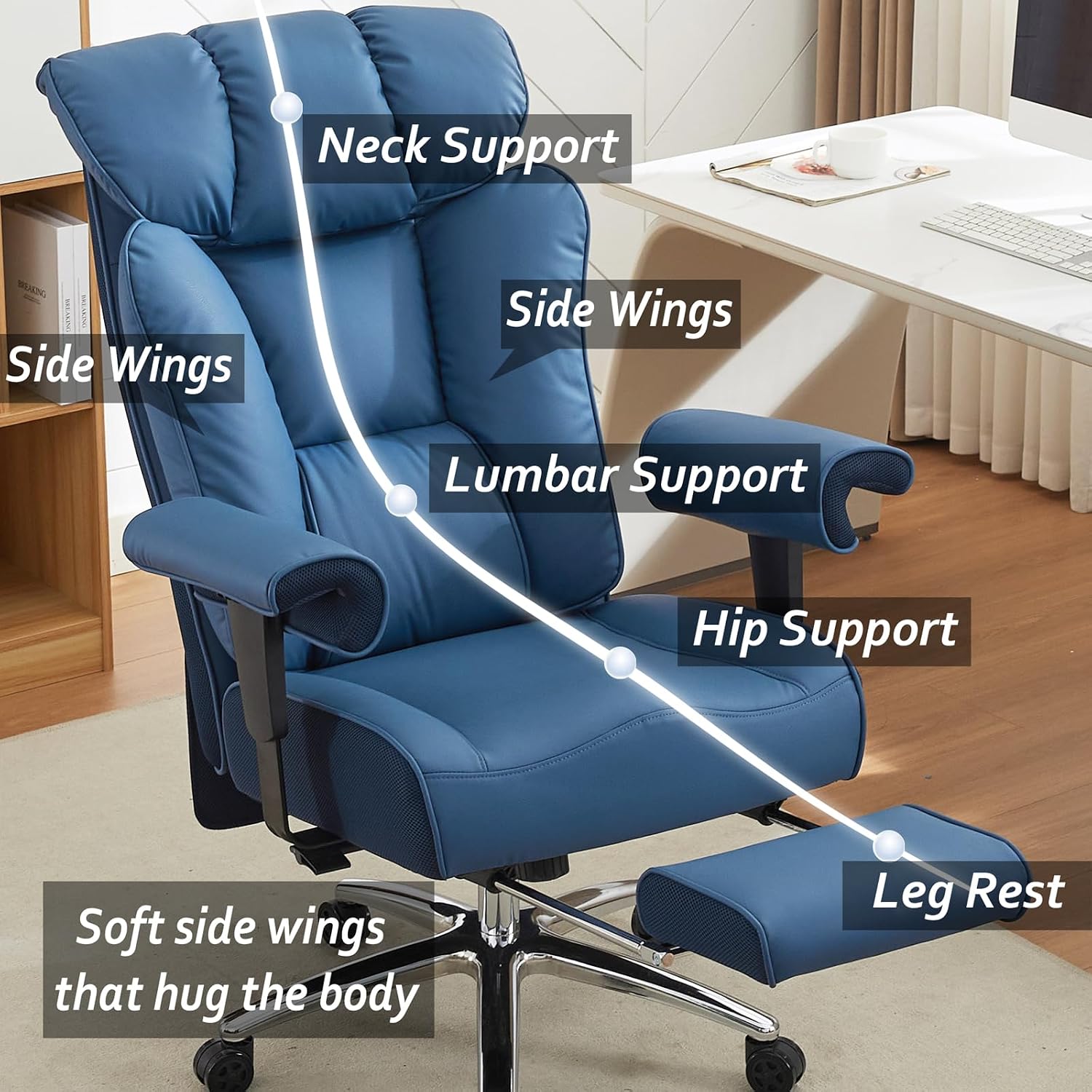 Efomao Big and Tall Office Chair 400lbs - Heavy Duty Executive Desk Chair with Foot Rest & 23' Wide Seat - High Back Ergonomic Leather Computer Chair for Heavy People, Home Office, Blue