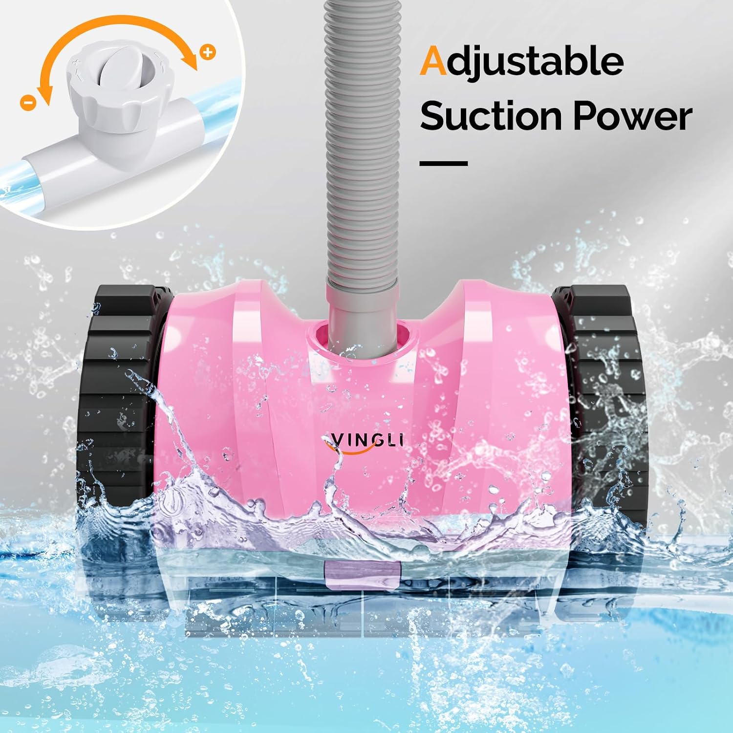 (2025 Upgrade) VINGLI Pool Vacuum Cleaner, Suction Side Wall-Climbing Sweeper for Ground&Inground Pools, Automatic Pool Vacuum with 39.6ft Tangle-Free Hose (Comfort Pink&Gray)