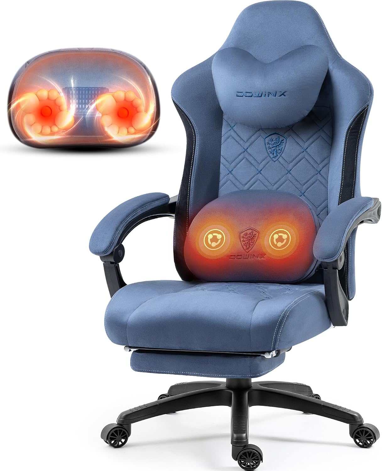 Dowinx Fabric Gaming Chair with Heated Massage Lumbar Support, Computer Game Chairs for Adults, Big Tall Gamer Chair with Pocket Spring Cushion and Footrest, Recliner Gaming Chairs for Adult,Blue