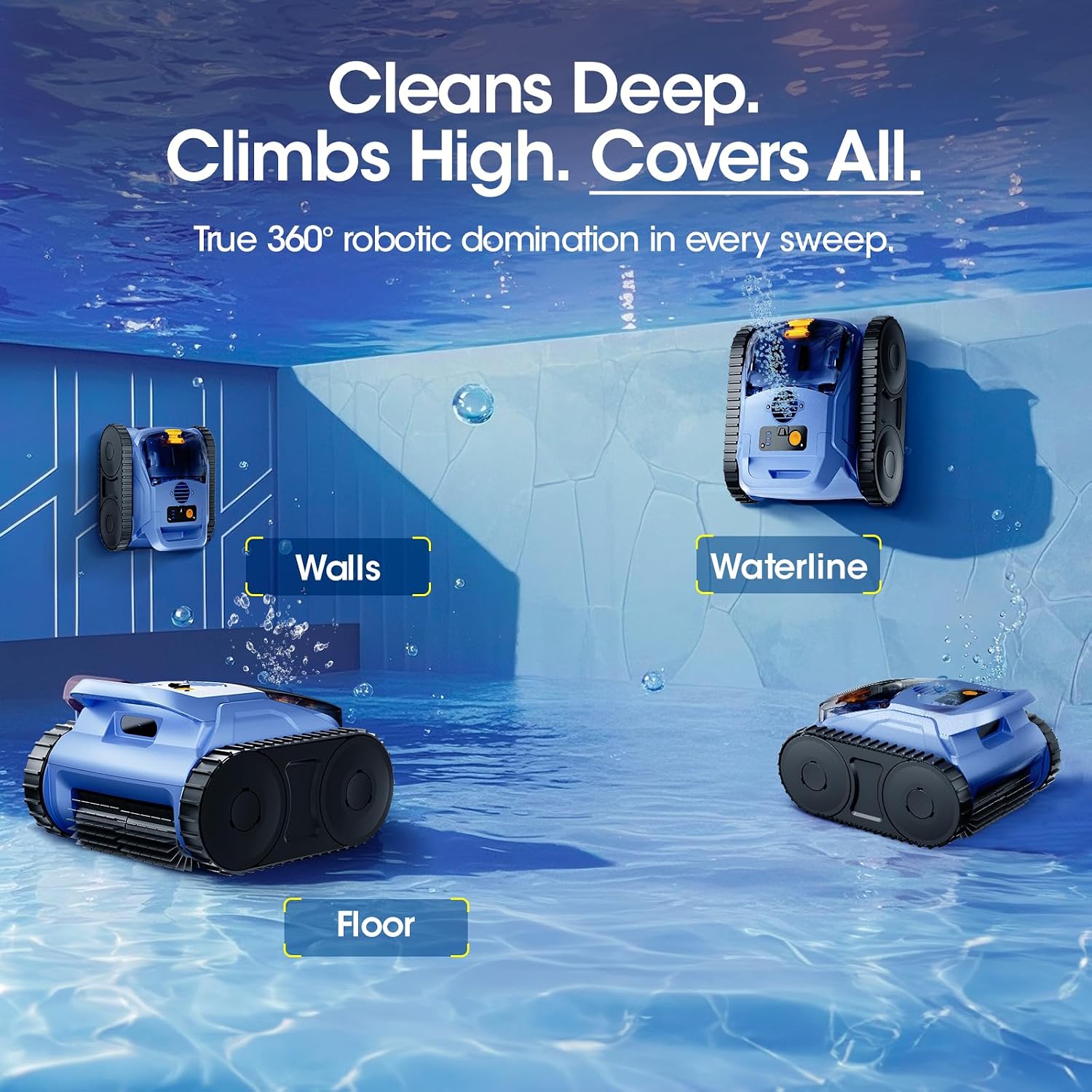 Cordless Robotic Pool Vacuum, Pool Cleaner with Track Drive & Sonar Navigation, 180W Brushless Motor, Wall & Waterline Climbing, 150-Min Runtime, for Inground Above-Ground 2150 Sq. Ft. (Navy Blue)