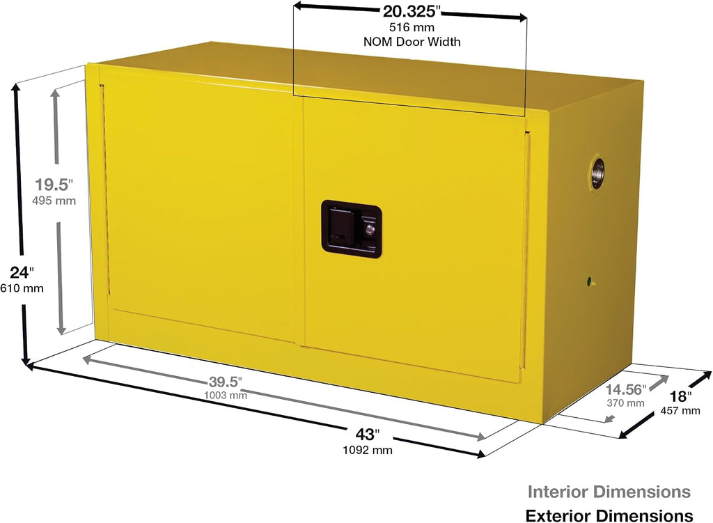 Justrite 17 Gallon Manual Close Piggyback Flammable Storage Cabinet, 18 Gauge Steel, 1 Shelf, 2 Door Fire Cabinet, 24' x 43' x 18', Made in The USA, Yellow, 891700