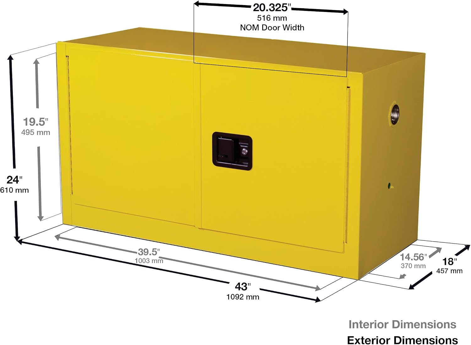 Justrite 17 Gallon Manual Close Piggyback Flammable Storage Cabinet, 18 Gauge Steel, 1 Shelf, 2 Door Fire Cabinet, 24' x 43' x 18', Made in The USA, Yellow, 891700