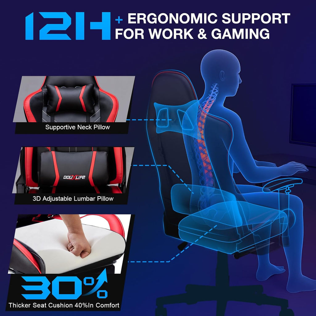Douxlife 7-Point Massage Gaming Chair with Footrest, 400lbs Heavy Duty Ergonomic Computer Chair, 175° Reclining High Back Racing Seat for Adults with Adjustable Armrests & Lumbar Support, Red