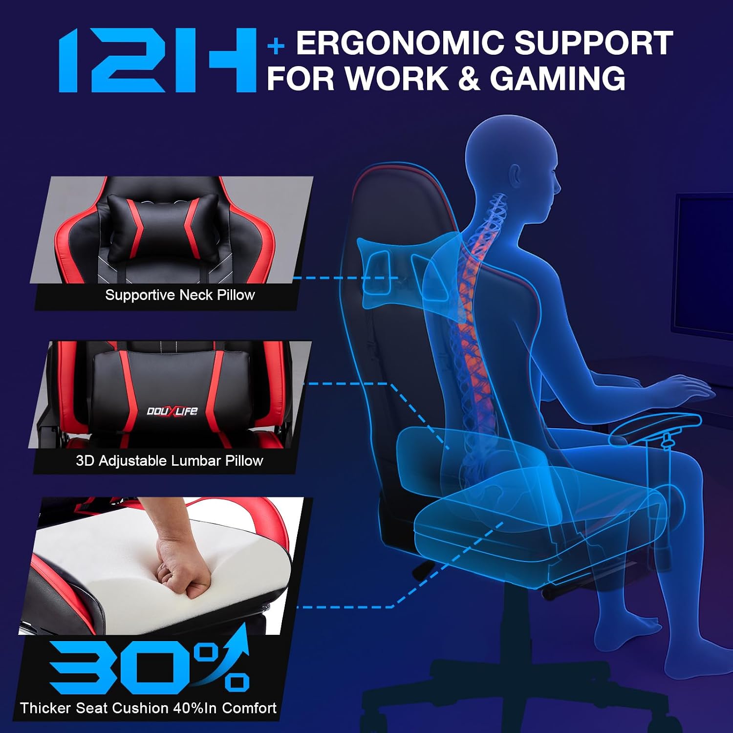 Douxlife 7-Point Massage Gaming Chair with Footrest, 400lbs Heavy Duty Ergonomic Computer Chair, 175° Reclining High Back Racing Seat for Adults with Adjustable Armrests & Lumbar Support, Red