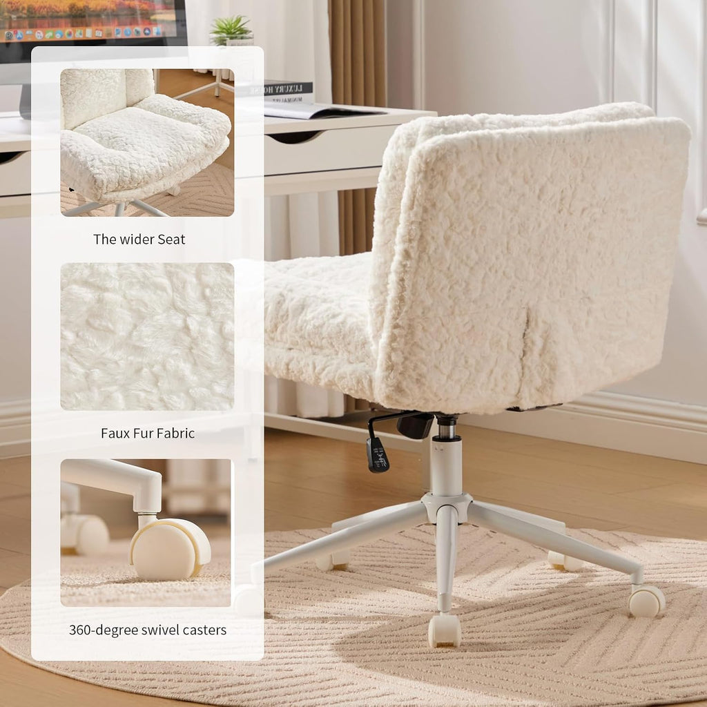 Shenyon Criss Cross Chair with Wheels, Wide Cross Legged Office Chair with 2 Layer Cushions & Back, Adjustable Swivel Home Office Chair, Comfy Faux Fur Makeup Vanity Chair for Girls Women, Cream