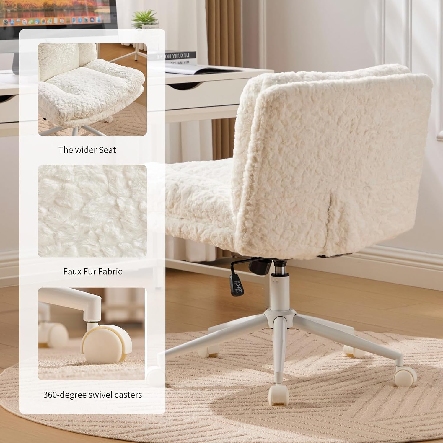 Shenyon Criss Cross Chair with Wheels, Wide Cross Legged Office Chair with 2 Layer Cushions & Back, Adjustable Swivel Home Office Chair, Comfy Faux Fur Makeup Vanity Chair for Girls Women, Cream
