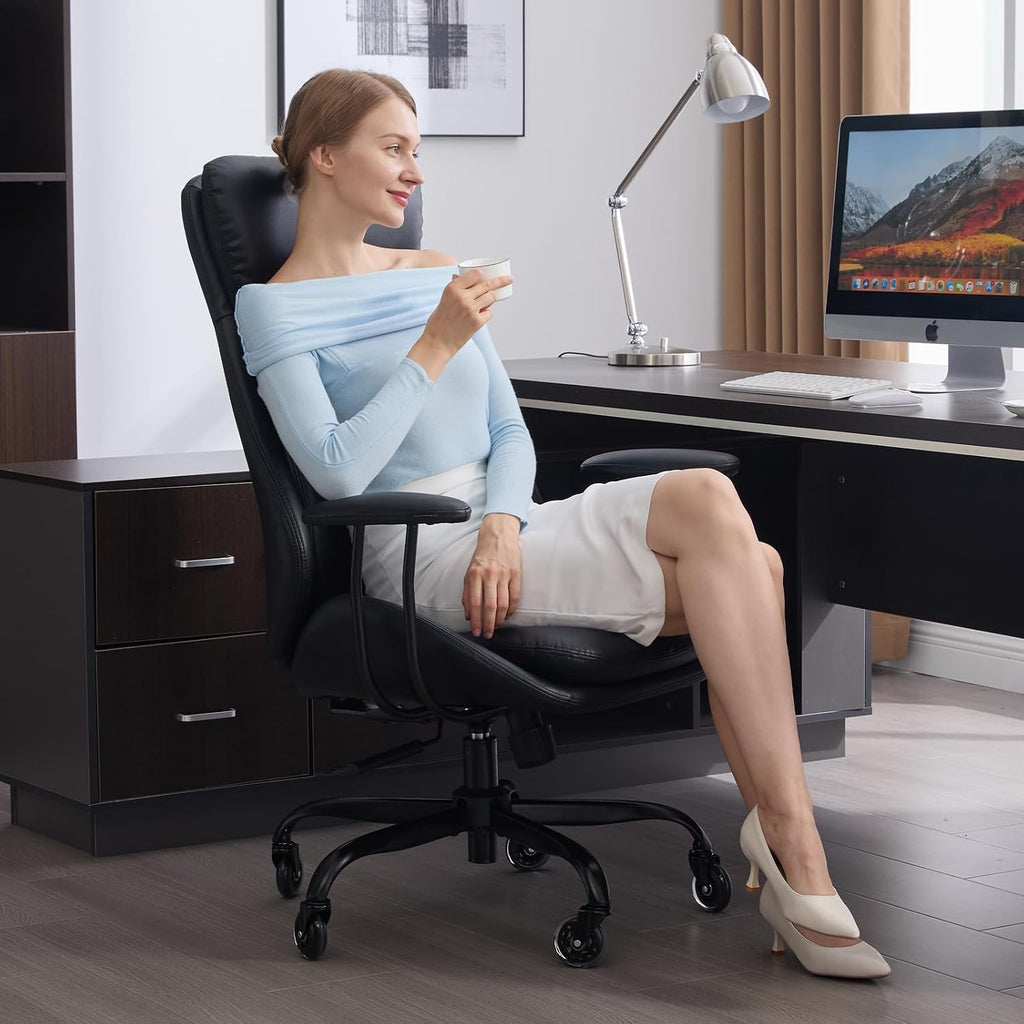 E-Motie Office Chair, Leather Desk Chair with Rubber Wheels, Ergonomic Computer Chair 500 LBS with Lumbar Support, High Back Executive Chair for Modern Home Office, Black