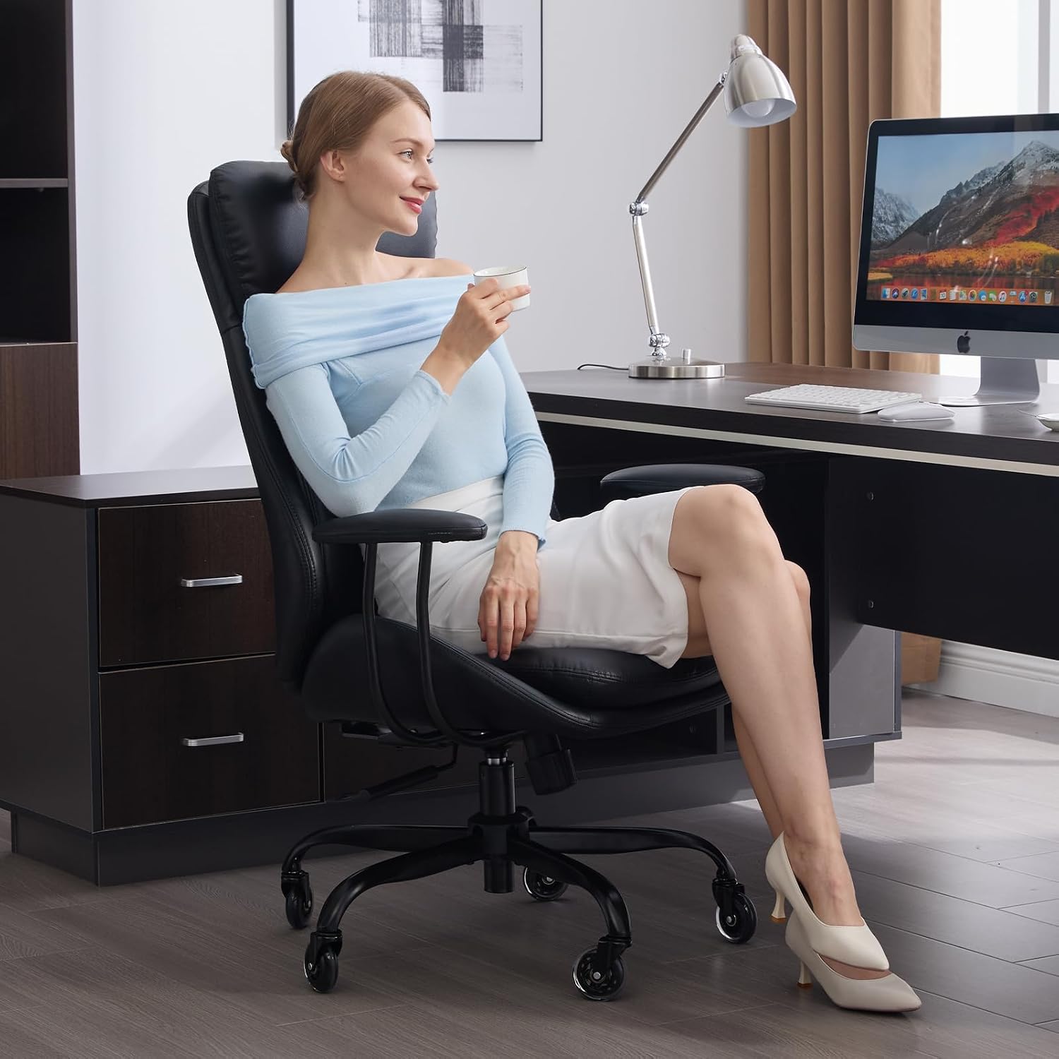 E-Motie Office Chair, Leather Desk Chair with Rubber Wheels, Ergonomic Computer Chair 500 LBS with Lumbar Support, High Back Executive Chair for Modern Home Office, Black