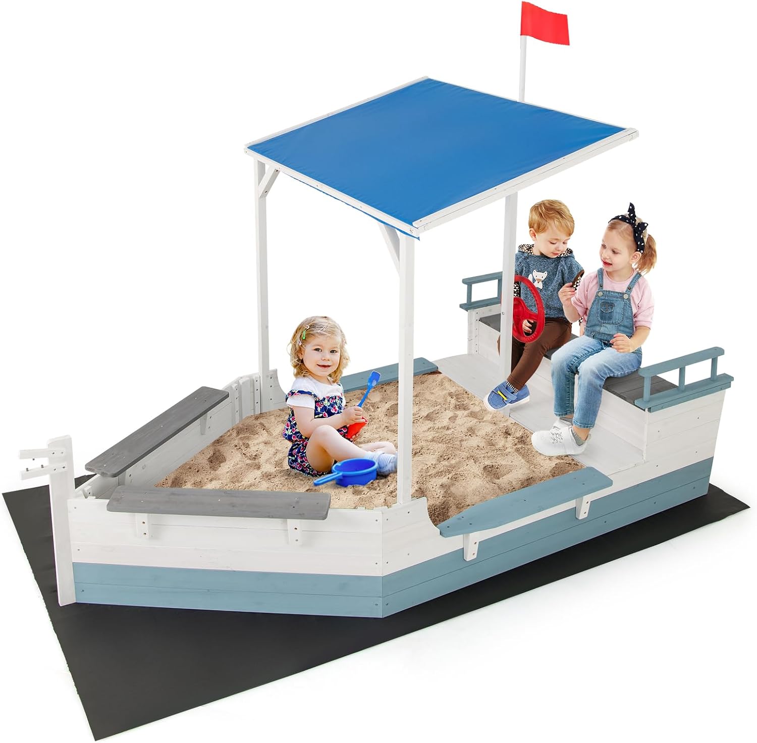 Costzon Pirate Ship Sandbox with Canopy, Fir Wood Boat Sand Box w/Flag, Rudder, Bench Seats and Storage Compartments for Backyard Beach, Outdoor Sand Pit for Kids 3-8 Years Old