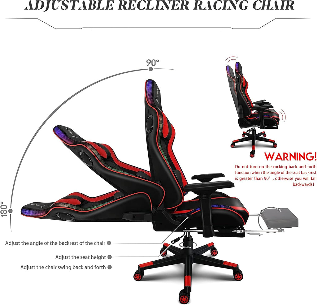 Massage Gaming Chairs with Footrest Video Game Chairs with Speakers and RGB Lights, Ergonomic High Back Computer Chair with Lumbar Support and 4D Handrail PU Leather Gaming Recliner Chair,Black