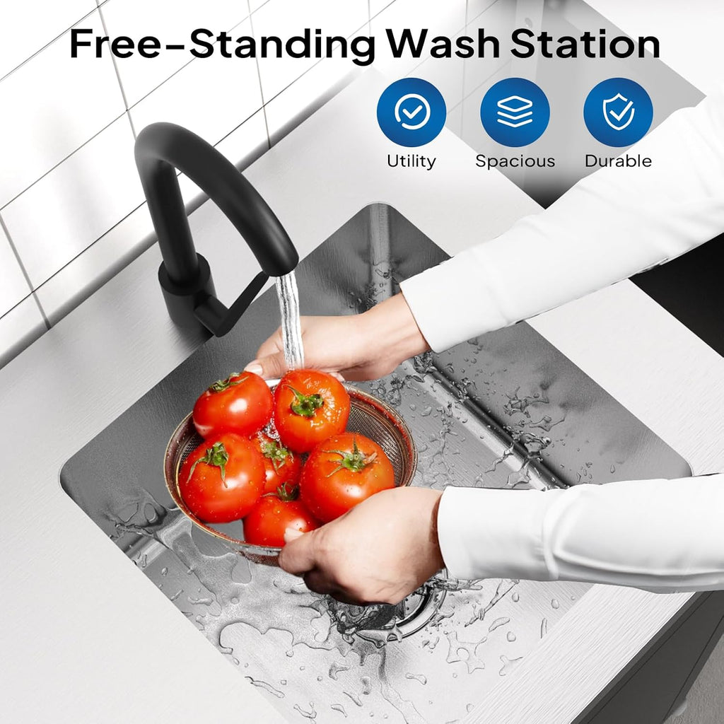 ROVSUN Stainless Steel Utility Sink with Cabinet & Wheels, Outdoor Heavy-Duty Freestanding Prep Grill Cart Sink for Backyard, Kitchen, Garage, Laundry, Garden Use 34.5' D x 19.6' W x 35.4' H