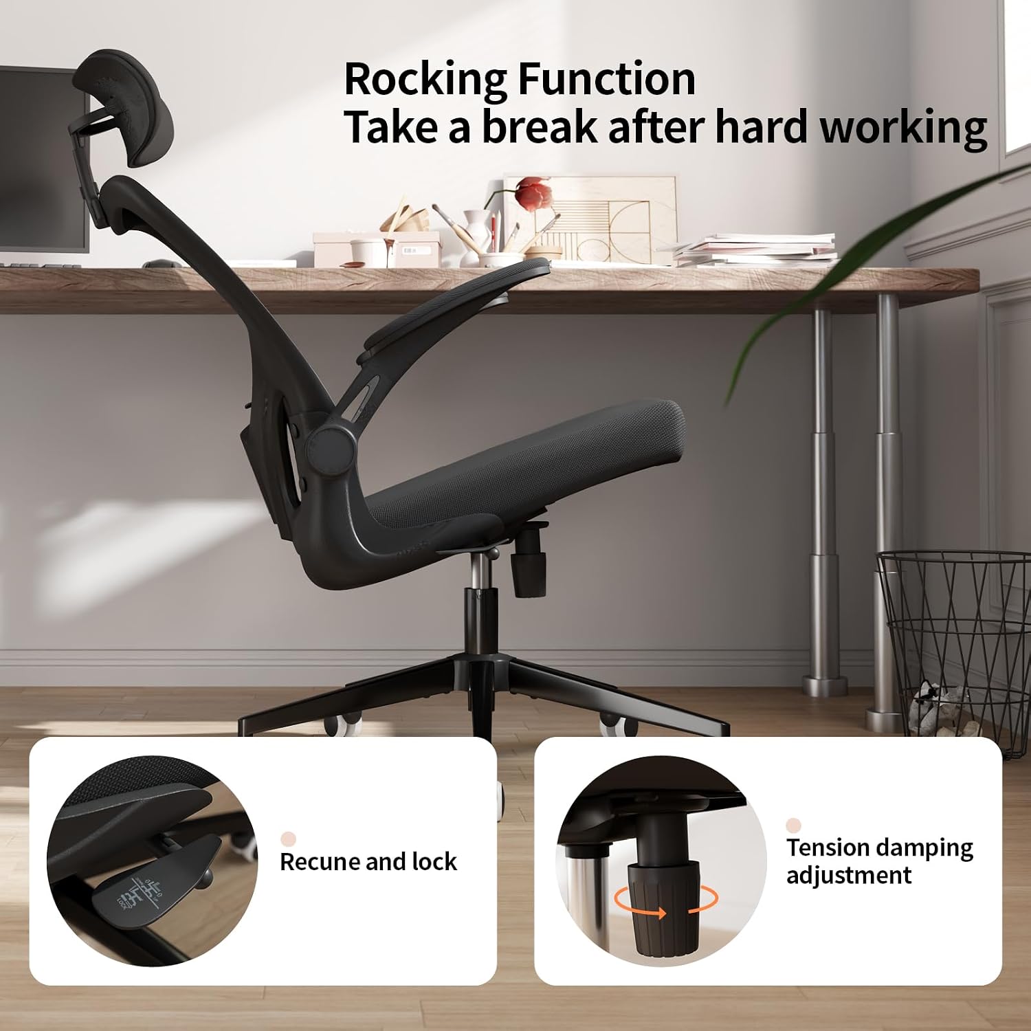 Monhey Office Chair Ergonomic Desk Chair with Lumbar Support&Headrest&Flip-up Arms Height Adjustable Rocking Swivel High Computer Chair Multi-Angle from 90° to 125° with 350LBS Capacity (03All Black)