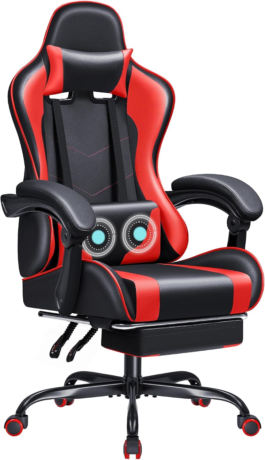 JUMMICO Gaming Chair Ergonomic Computer Chair with Footrest and Massage Lumbar Support, Height Adjustable Video Gaming Chair with 360° Swivel Seat and Headrest (Red)
