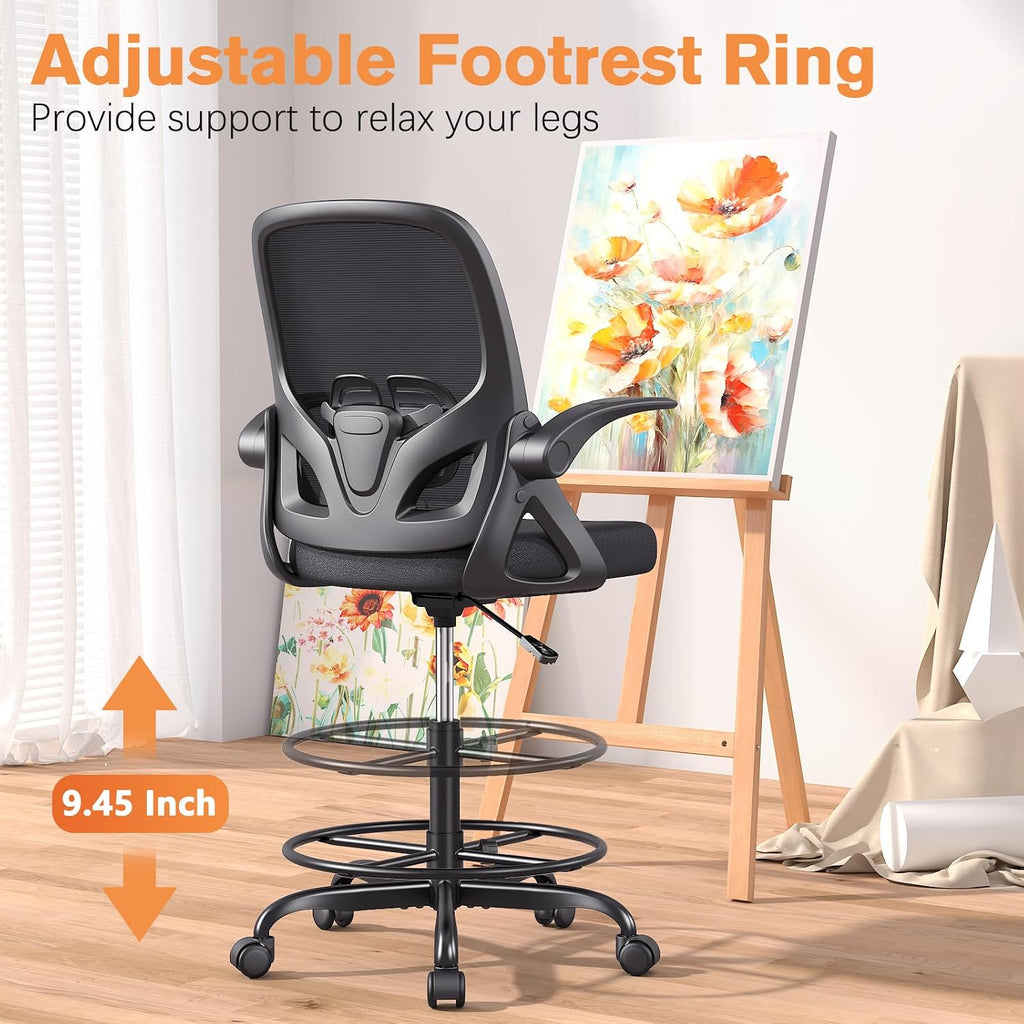ORRSAKER Drafting Chair Tall Office Chair for Standing Desk, Breathable Mesh Ergonomic Computer Desk Chair with Flip-Up Armrests, Adjustable Lumbar Support and Footrest Ring,300 LBS，Black
