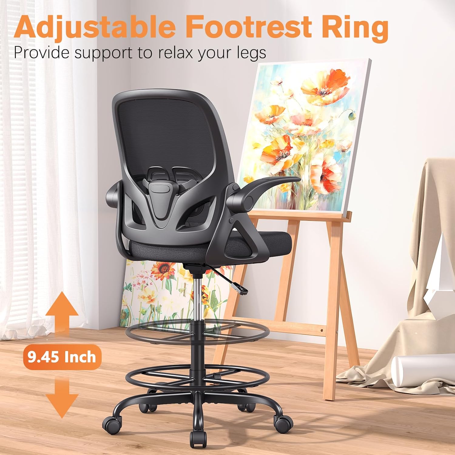 ORRSAKER Drafting Chair Tall Office Chair for Standing Desk, Breathable Mesh Ergonomic Computer Desk Chair with Flip-Up Armrests, Adjustable Lumbar Support and Footrest Ring,300 LBS，Black
