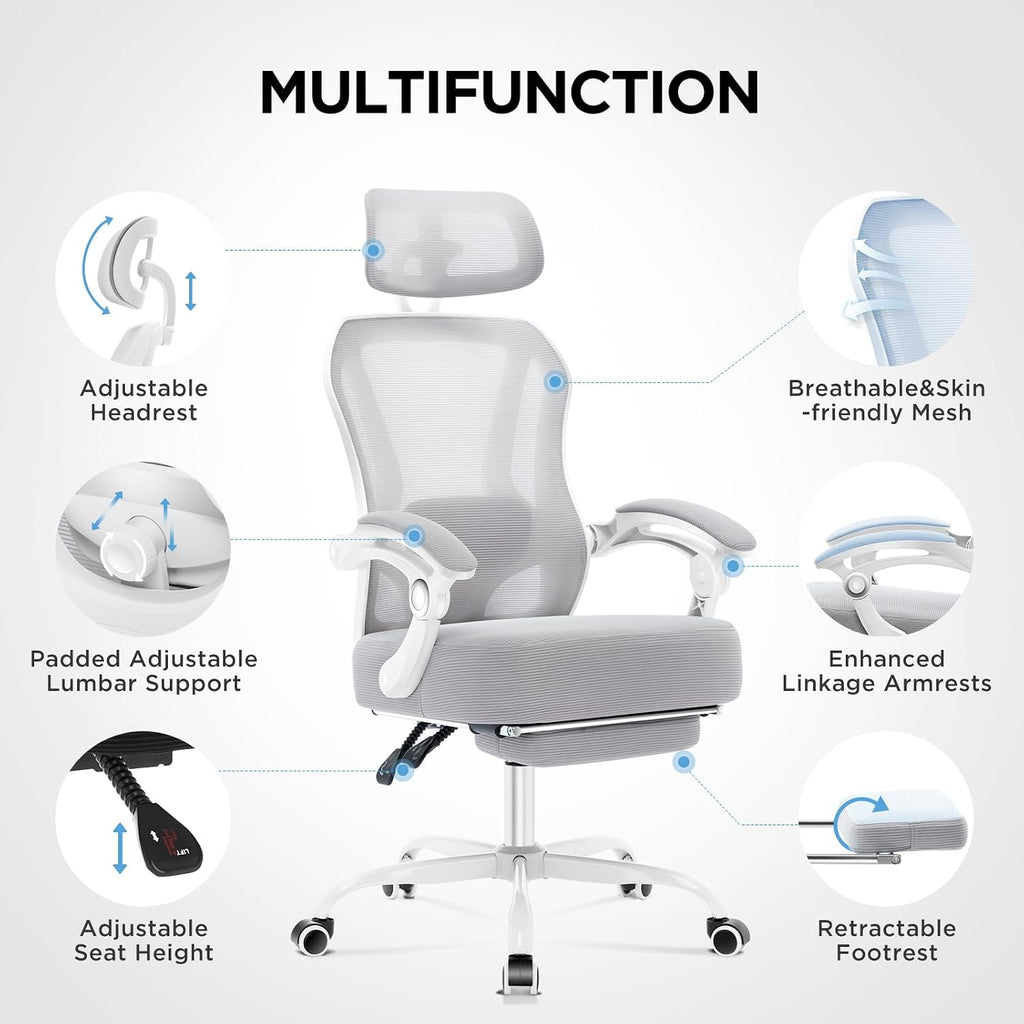 Ergonomic Office Chair with Footrest,Ultra Thick Reclining Office Desk Chair with Adjustable 2D Lumbar Support and Headrest,Spring Cushion,High Back Premium Mesh Computer Chair Office Chairs,Grey