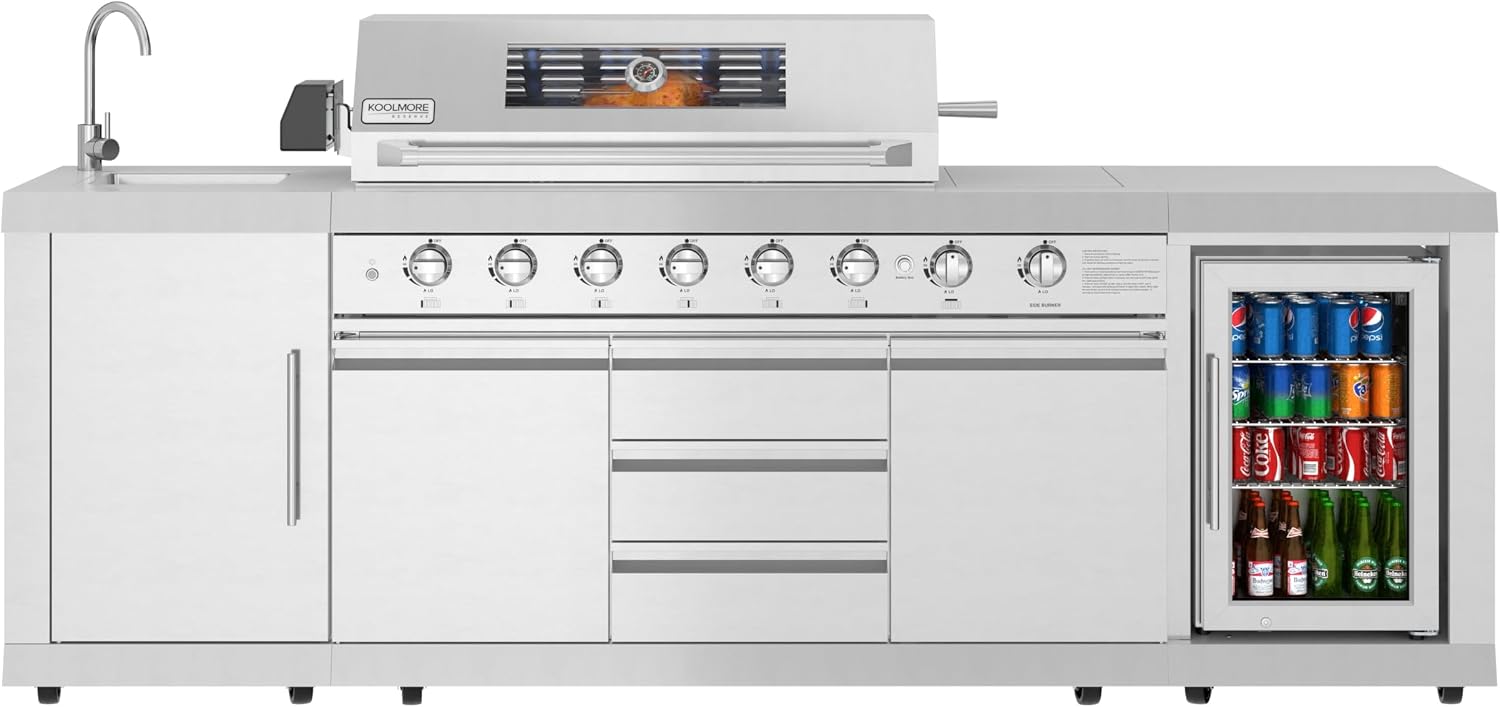 KoolMore Reserve Outdoor Kitchen Island with 6 Burner Grill and a Side Burner, Sink, Storage Cabinet and Beverage Refrigerator, CSA Listed in Stainless-Steel